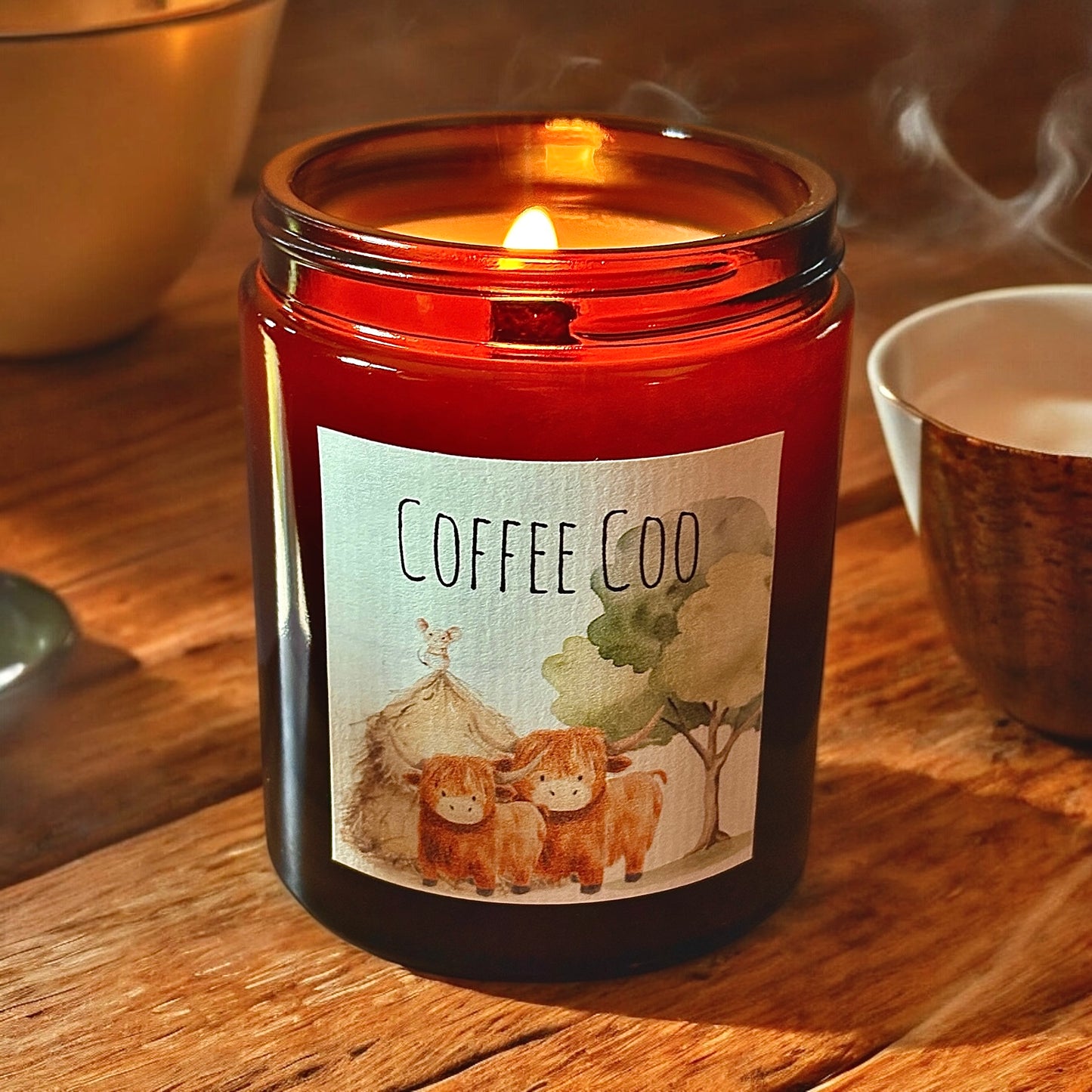 Caramel Coffee Coo Wood Wick Amber Glass Candle 150g